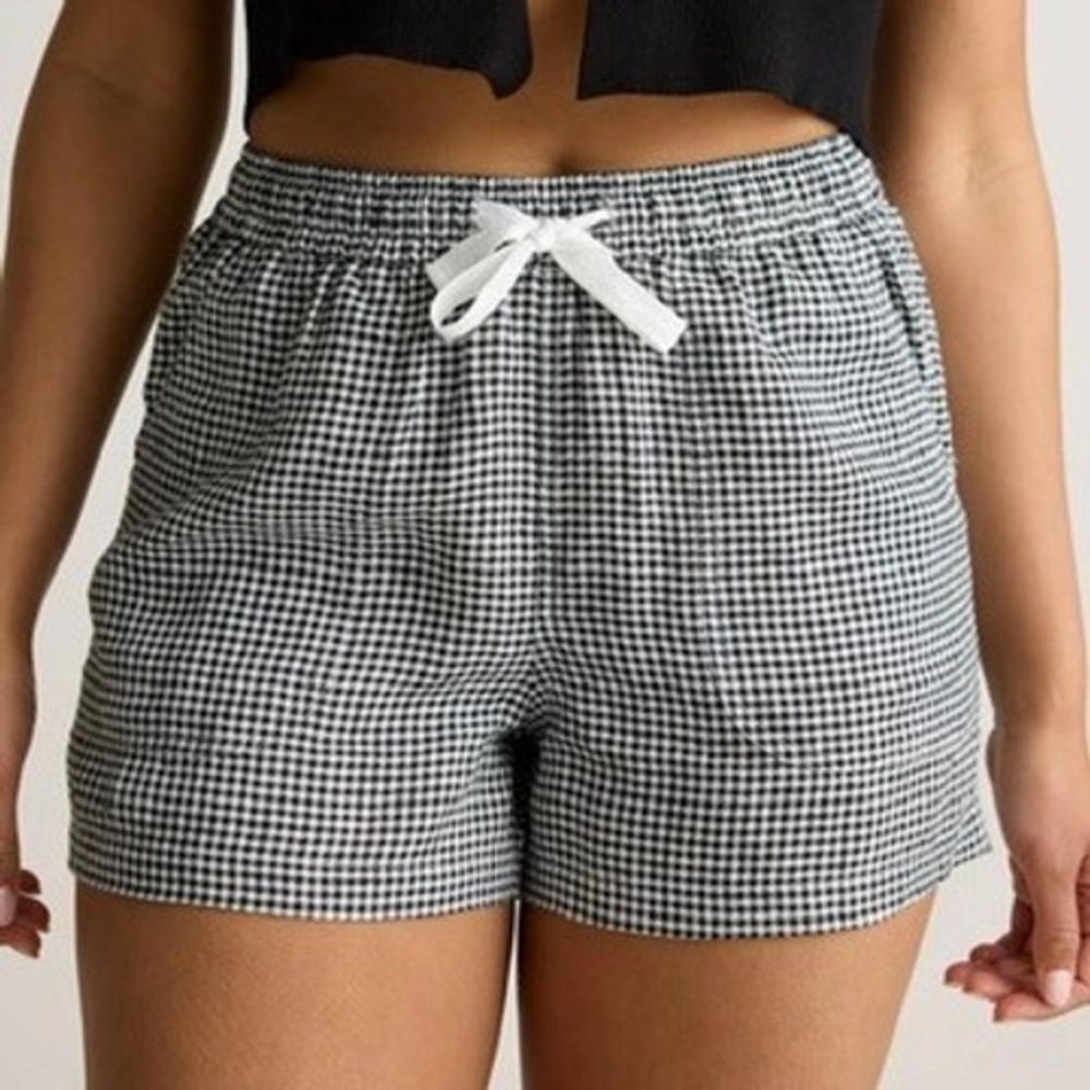 Quince 100% european linen shorts Gingham Black White Drawstring Elastic Waist - Picture 2 of 8